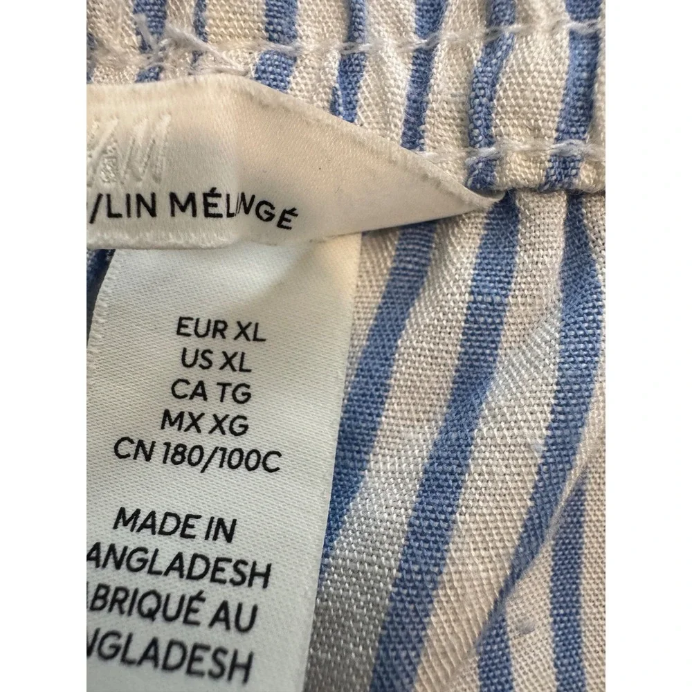 H&M Linen Blend Striped Wide Leg Pants Womens XL Blue White Drawstring Coastal